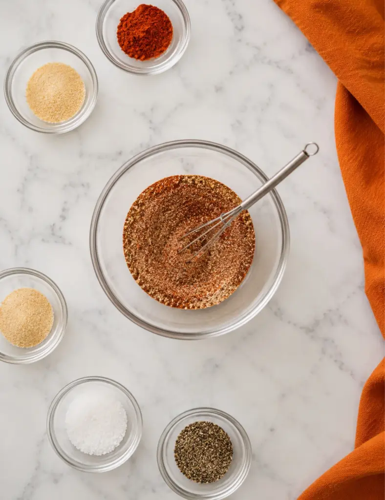 Seasoning mix for Slow Cooker Chicken Breast in a glass bowl with paprika, garlic powder, onion powder, salt, and black pepper on a white marble countertop.