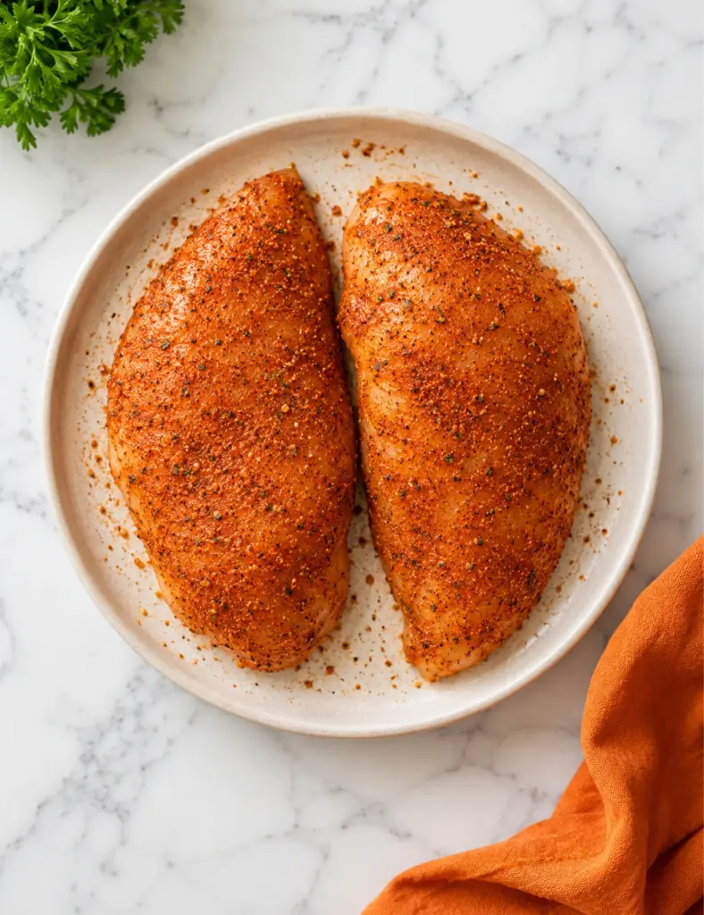 Seasoned raw chicken breasts in a ceramic bowl for Slow Cooker Chicken Breast, coated with paprika spice mix on a white marble countertop.