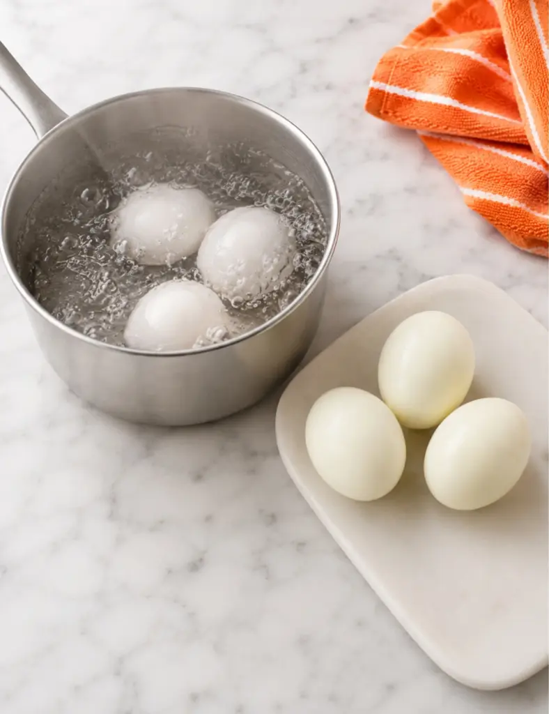 Hard-boiled eggs cooking in a small pot with peeled eggs on a white plate beside an orange towel on a marble countertop.