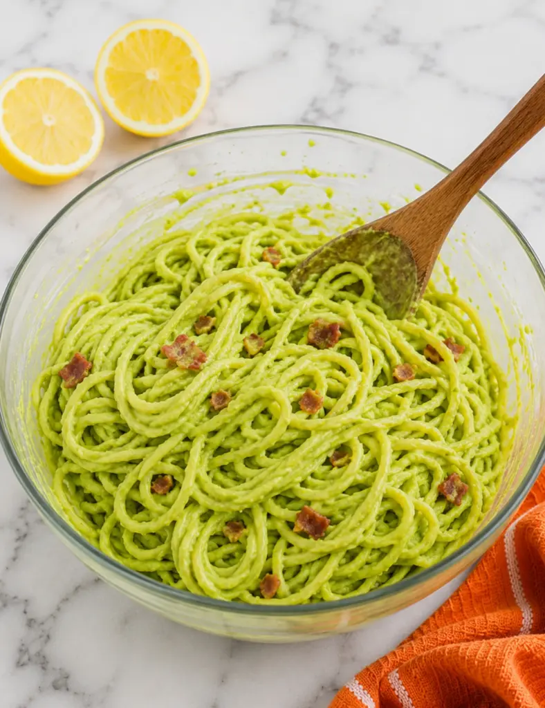 Creamy avocado pasta tossed in a glass bowl with crispy bacon, wooden spoon, lemon halves, and orange towel on a white marble countertop