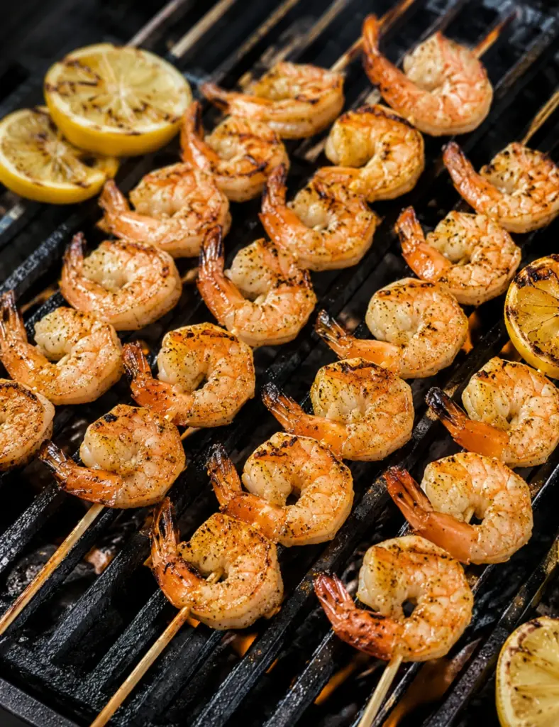 Garlic butter shrimp skewers grilling over open flames with charred lemon slices and Cajun seasoning on a hot barbecue grill.