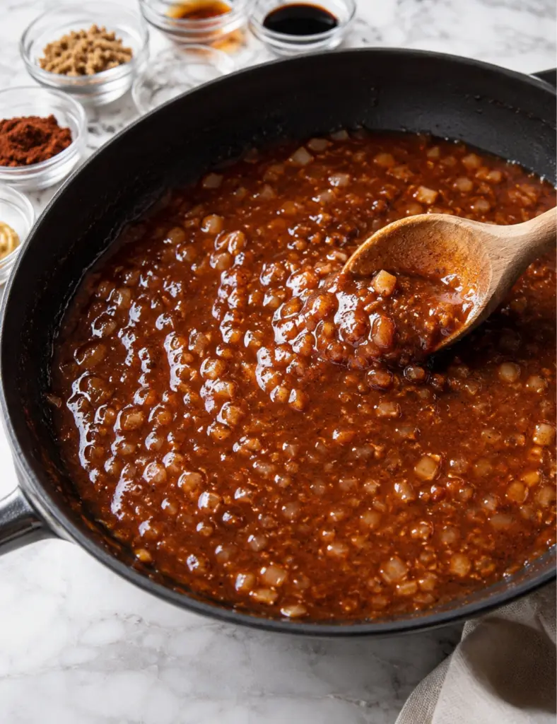 Rich baked beans sauce simmering in a black skillet with onions, spices, and a wooden spoon.