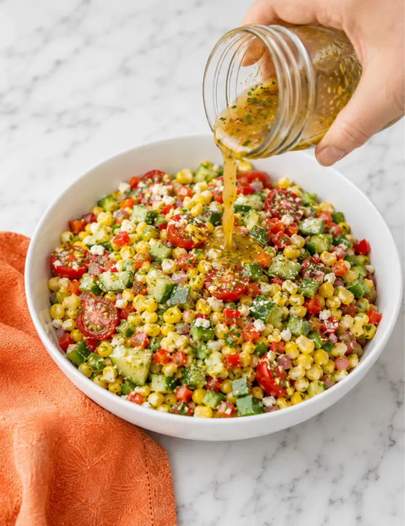 Dressing being poured from a glass jar over a fresh corn salad recipe with corn, cherry tomatoes, cucumber, bell peppers, herbs, and crumbled cheese in a white bowl.