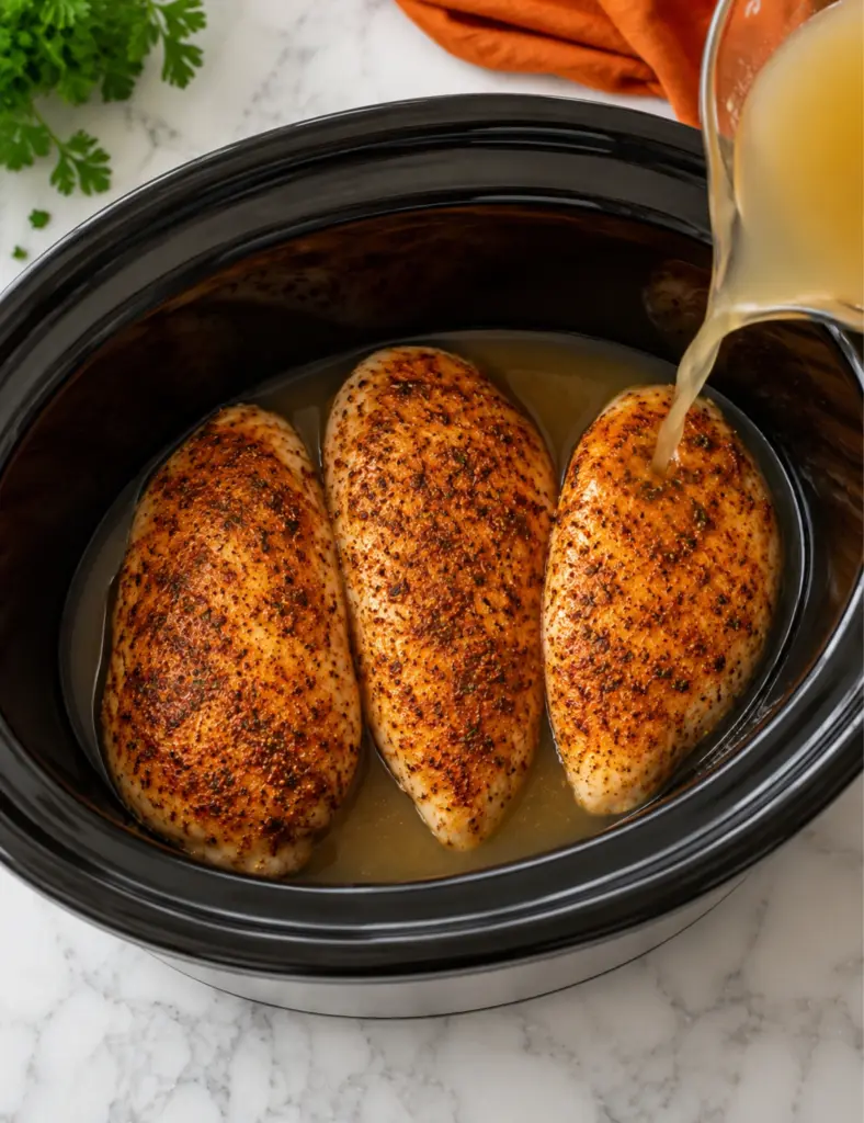 Seasoned chicken breasts in a slow cooker with low sodium chicken broth being poured around the sides for Slow Cooker Chicken Breast.