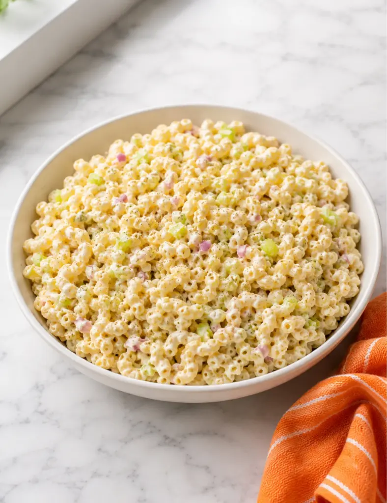 Creamy macaroni salad served in a white bowl with celery, red onion, egg, pickles, and black pepper on a marble countertop with an orange towel.