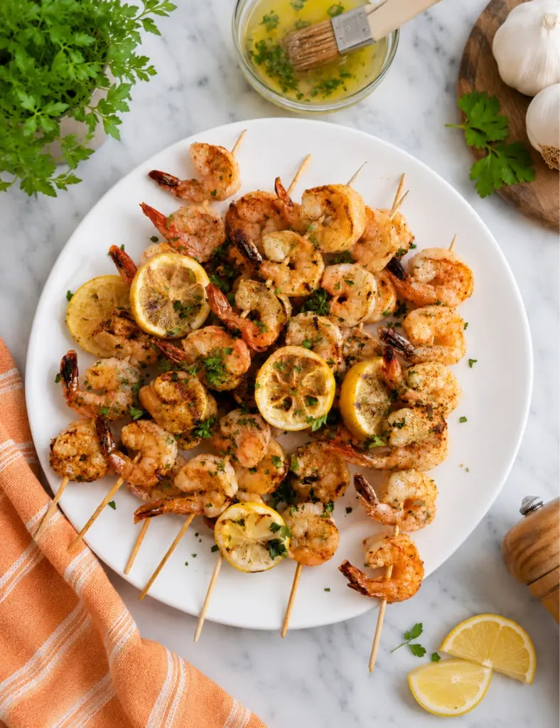 Overhead view of garlic butter shrimp skewers on a white plate with grilled lemon slices, fresh parsley, garlic butter sauce, and an orange towel on a marble countertop.