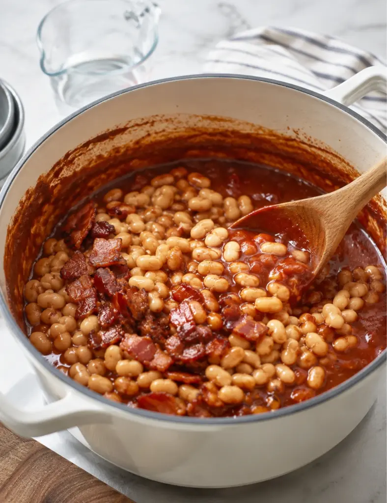 White beans and crispy bacon being stirred into a rich tomato sauce in a white Dutch oven for homemade baked beans.