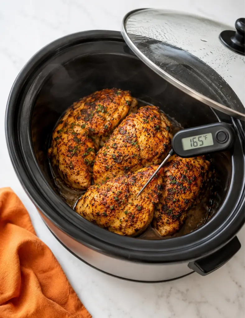 Slow Cooker Chicken Breast cooked in a slow cooker with a meat thermometer showing 165°F, steam, herbs, and golden seasoning.