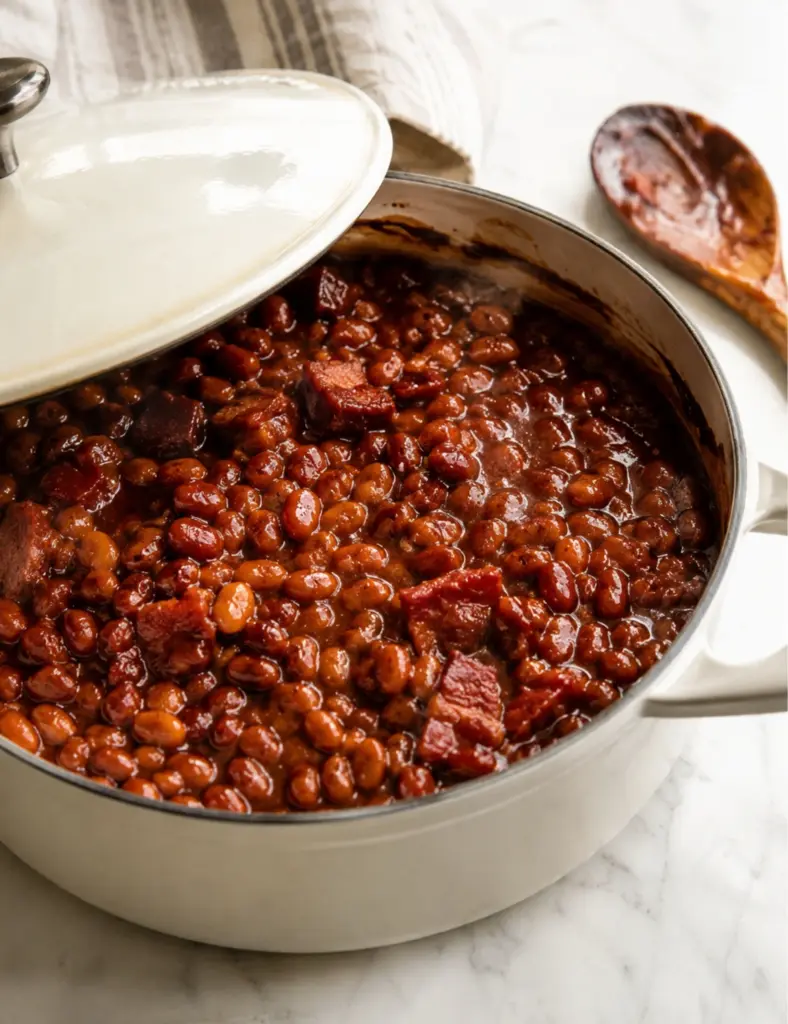 Homemade baked beans with bacon simmering in a white Dutch oven on a marble kitchen countertop.