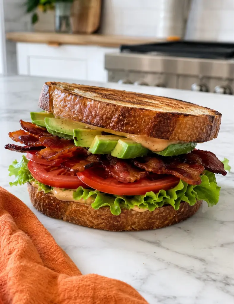 Avocado BLT sandwich with bacon lettuce tomato and spicy mayo on sourdough