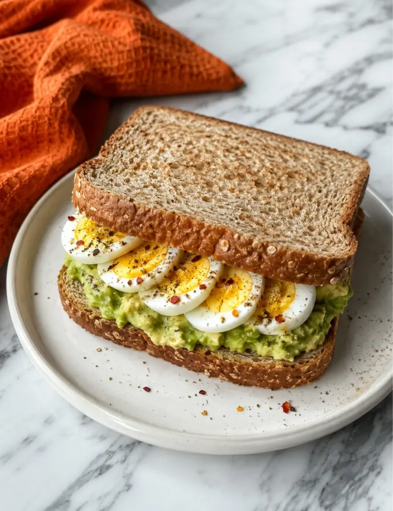 Avocado egg sandwich with boiled egg slices on whole wheat bread