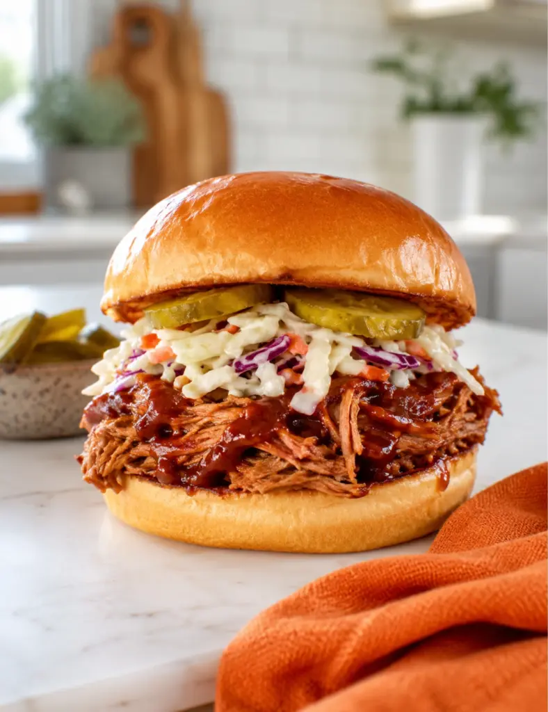 BBQ pulled pork sandwich with coleslaw and pickles on a brioche bun