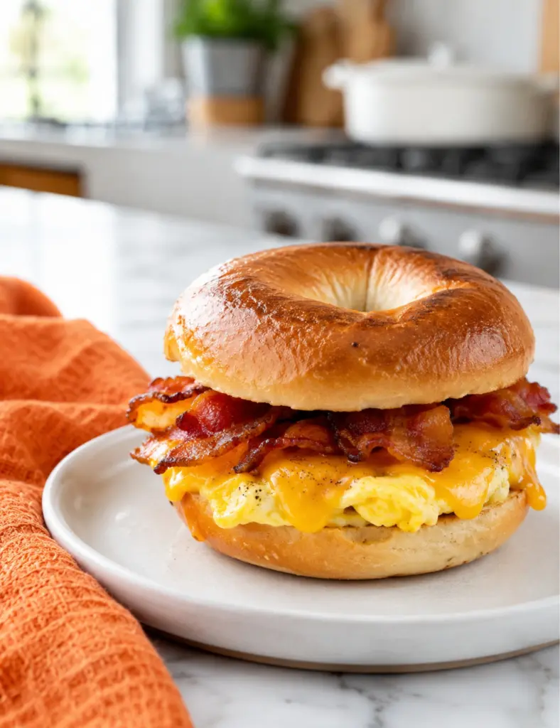 Breakfast bagel sandwich with egg bacon and melted cheddar cheese