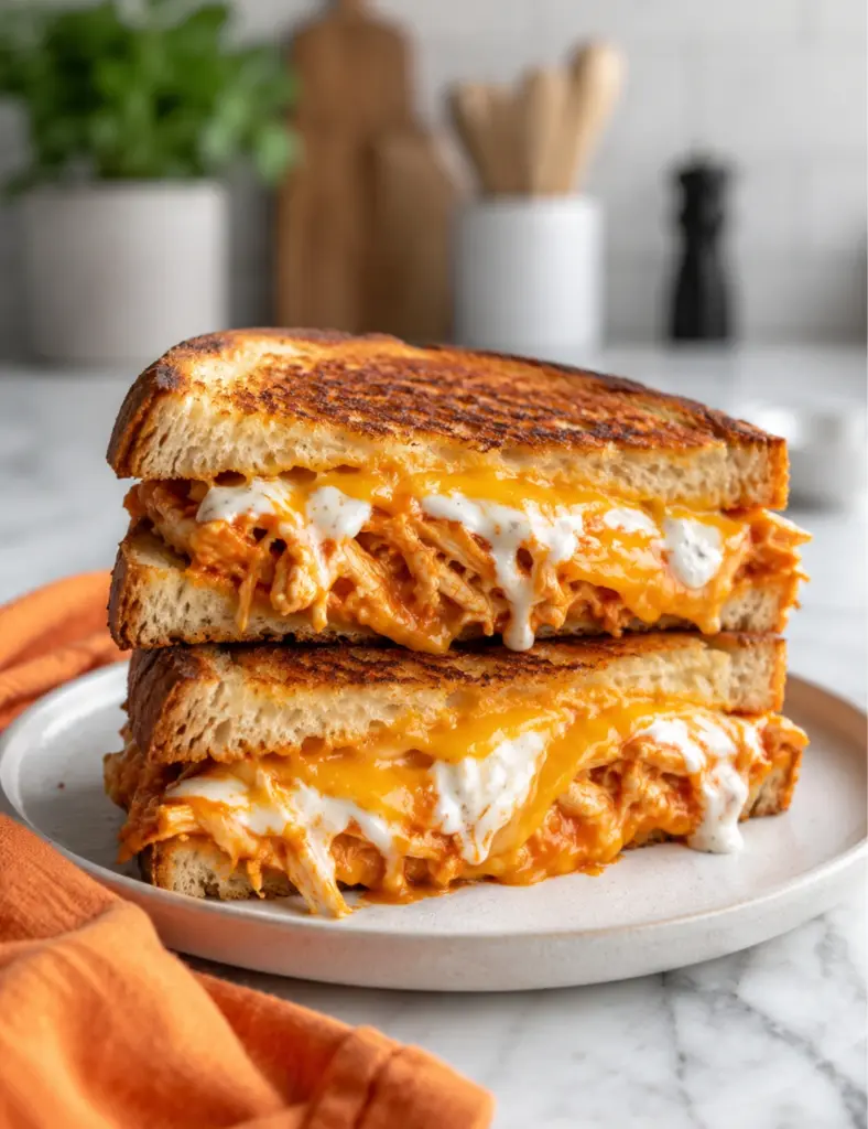 Buffalo chicken melt with cheddar cheese and ranch on toasted sourdough