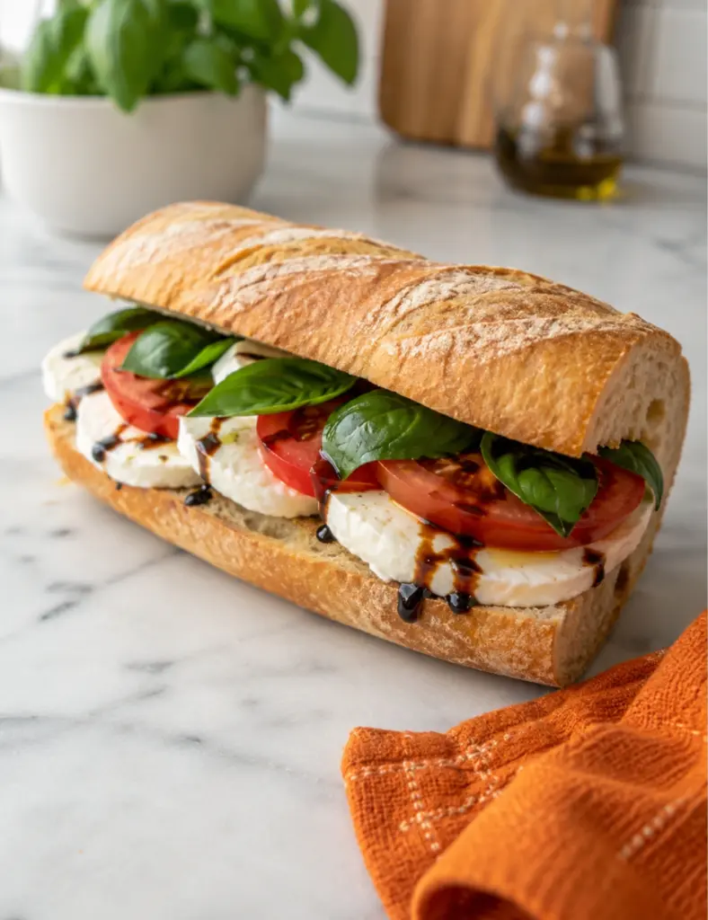 Caprese sandwich with mozzarella tomato basil and balsamic glaze on baguette