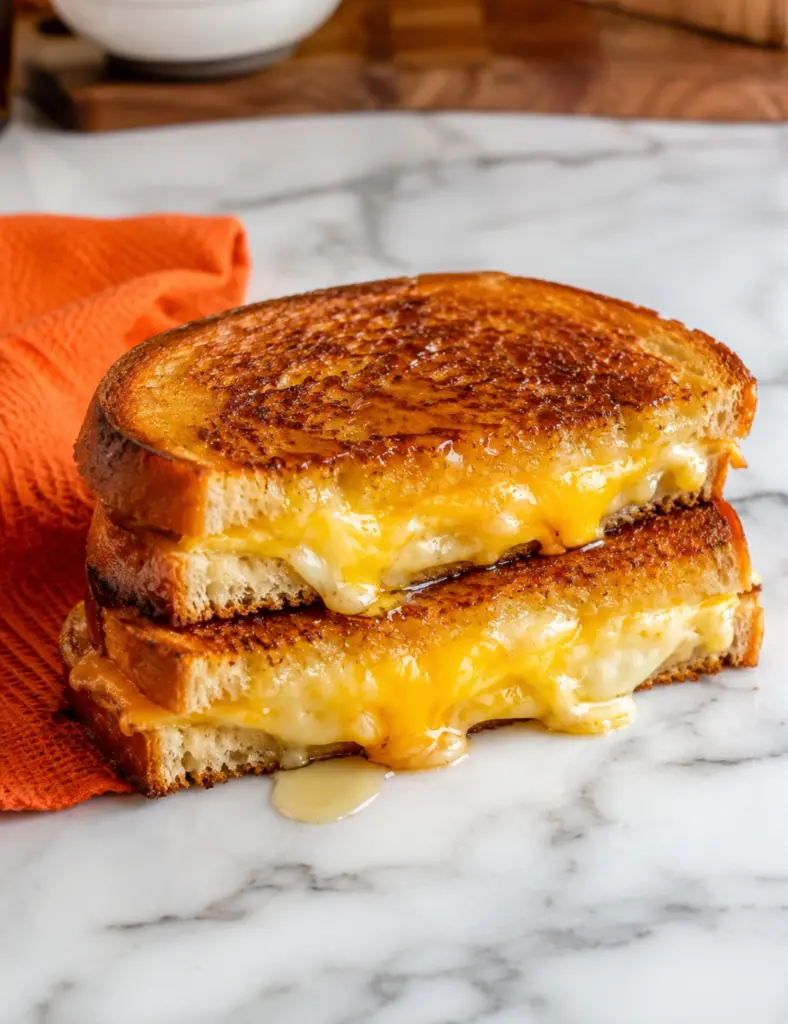 Gourmet grilled cheese sandwich with melted cheese on a marble kitchen countertop