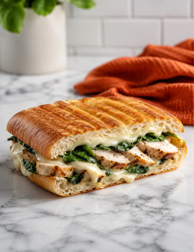 Grilled chicken spinach panini with melted mozzarella on ciabatta bread