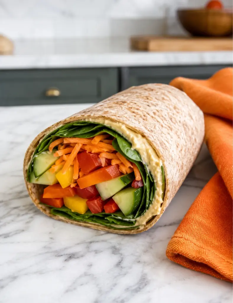 Hummus veggie wrap with cucumber carrots bell peppers and spinach