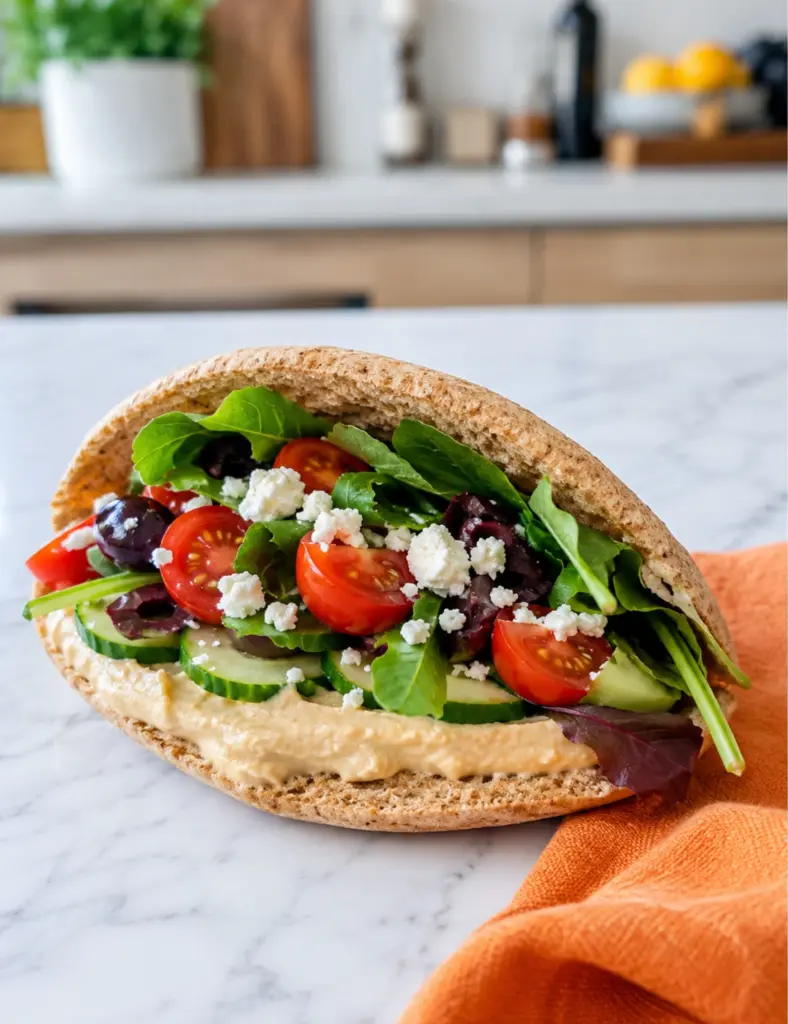 Mediterranean pita pocket with hummus cucumber tomatoes feta olives and greens