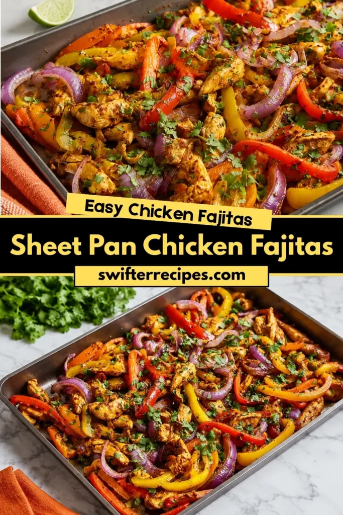 Pinterest pin for Sheet Pan Chicken Fajitas with roasted chicken strips, colorful bell peppers, red onions, fresh cilantro, and bold yellow recipe text.