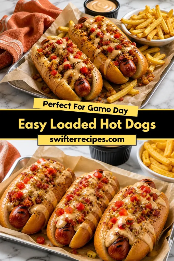 Easy loaded hot dogs with creamy sauce, diced peppers, crispy toppings, fries, and game day recipe text overlay
