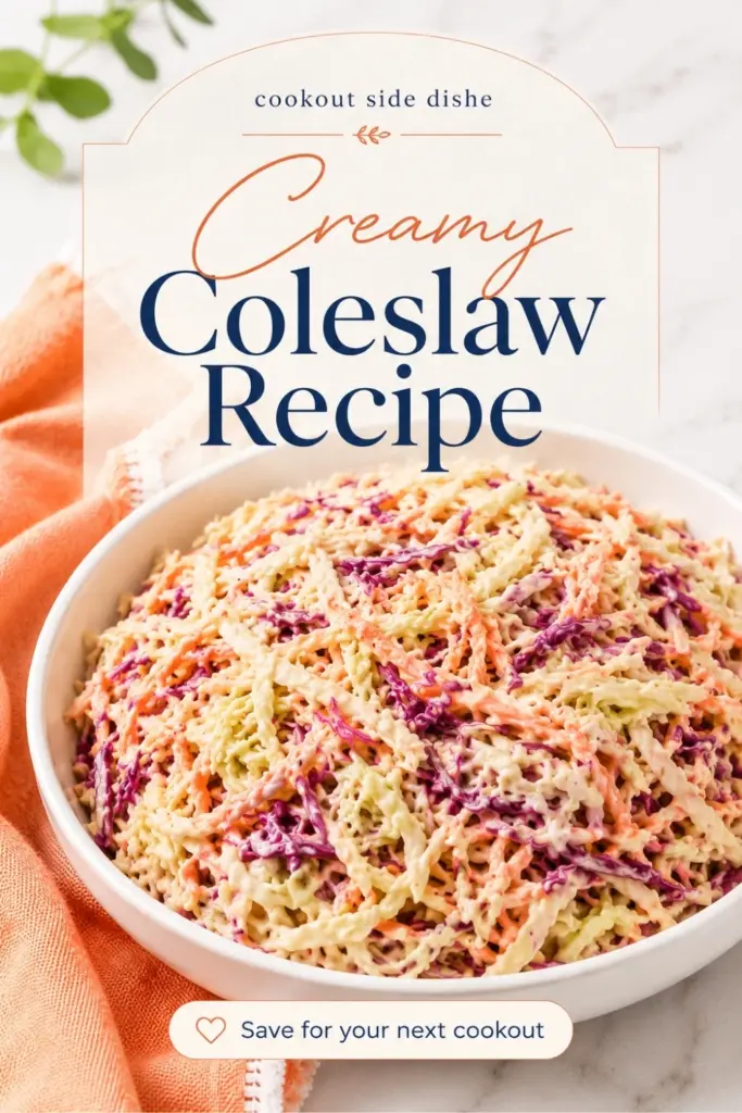 Pinterest-style Creamy Coleslaw Recipe pin with a bowl of creamy cabbage and carrot coleslaw, orange kitchen towel, and save for your next cookout text.