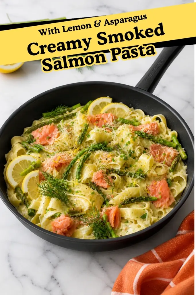 Pinterest pin image for Creamy Smoked Salmon Pasta with lemon, asparagus, dill, parmesan, and creamy pasta in a black skillet on a marble countertop.
