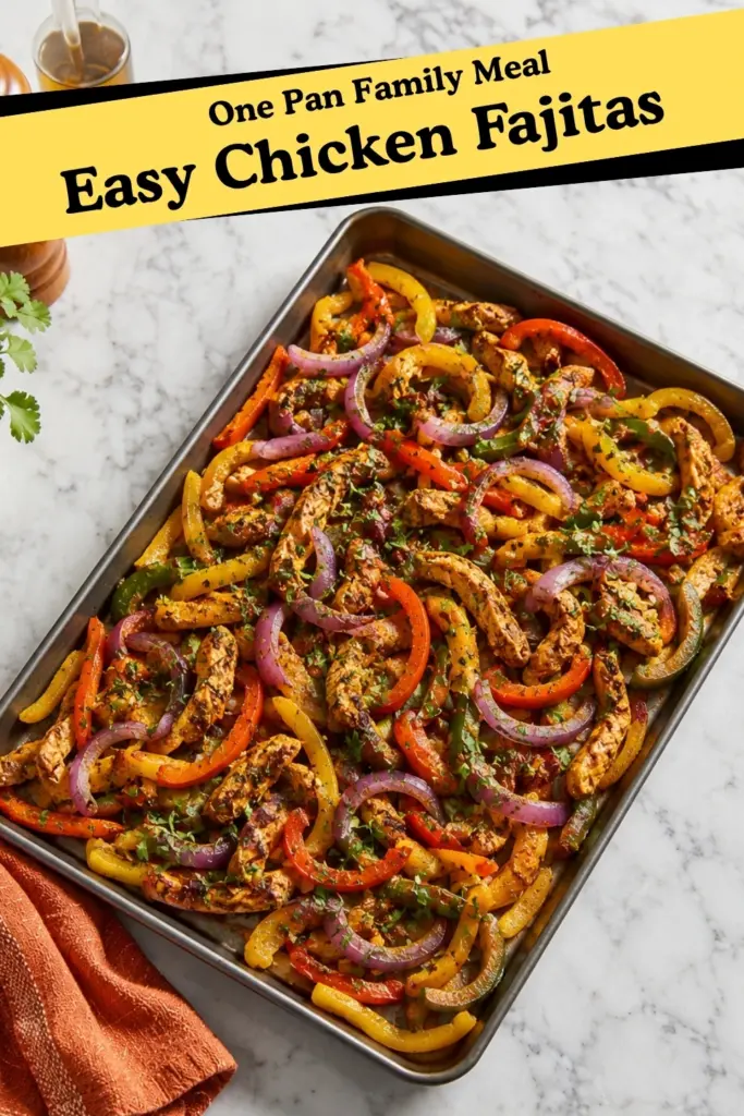 Easy Sheet Pan Chicken Fajitas Pinterest pin with roasted chicken strips, colorful bell peppers, red onions, cilantro, and a yellow text banner.