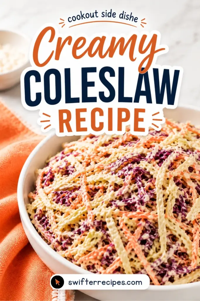 Pinterest pin for Creamy Coleslaw Recipe with a close-up bowl of creamy cabbage and carrot slaw, bold text overlay, and orange kitchen towel.