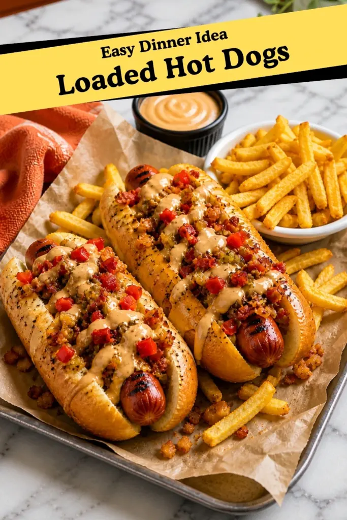 Loaded hot dogs with creamy sauce, diced peppers, crispy toppings, golden fries, and easy dinner idea text overlay