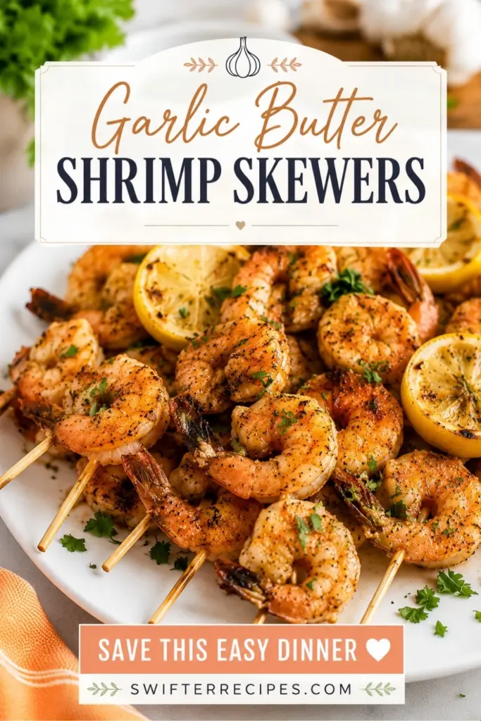 Pinterest image for garlic butter shrimp skewers with grilled shrimp, lemon slices, fresh parsley, and a save this easy dinner call-to-action.