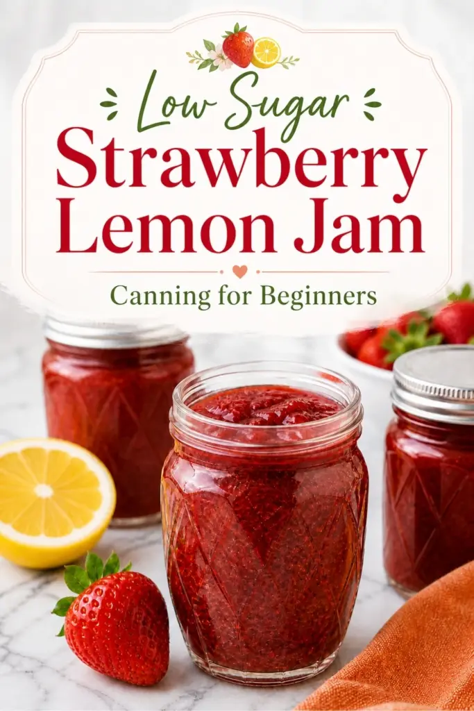Low Sugar Strawberry Lemon Jam canning for beginners with homemade jam jars, fresh strawberry, lemon, and orange towel on marble countertop.