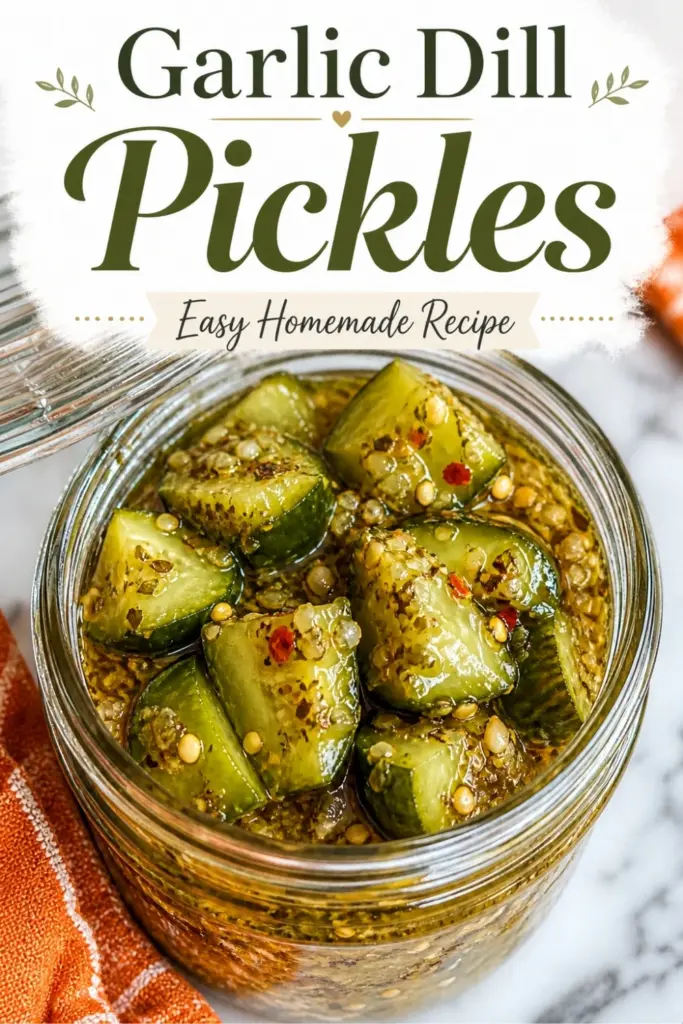 Garlic Dill Pickles recipe pin with homemade pickles in a glass jar, garlic dill brine, spices, and bold text reading easy homemade recipe.