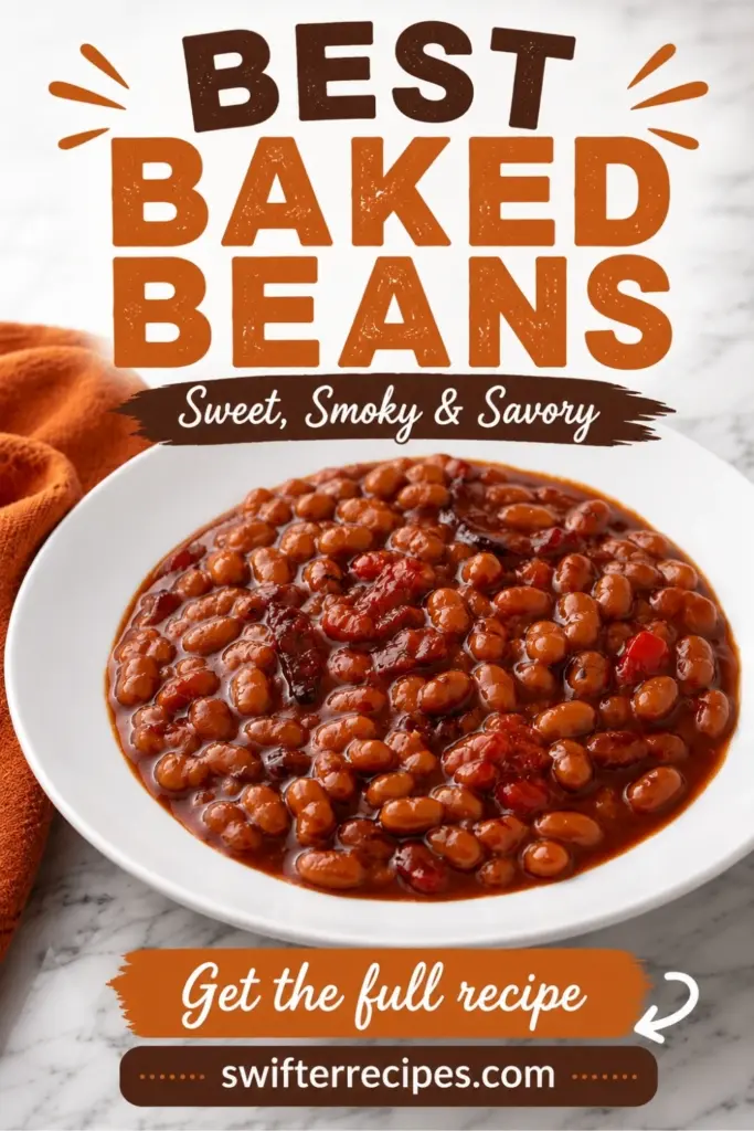 Best baked beans recipe served in a white bowl with sweet, smoky, and savory sauce, featured on a Pinterest pin with swifterrecipes.com.