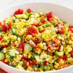 Fresh corn salad recipe in a white bowl with cherry tomatoes, cucumber, bell peppers, red onion, herbs, and crumbled cheese on a marble kitchen countertop.