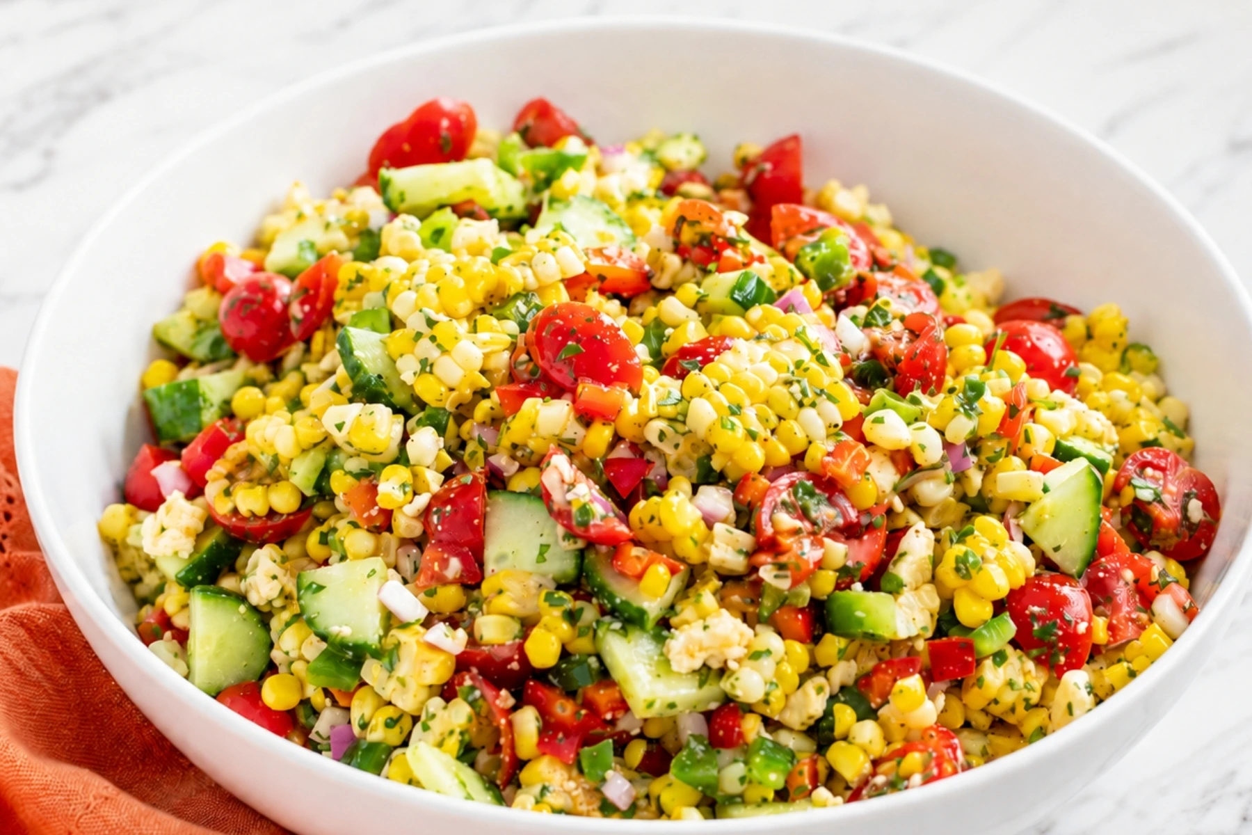 Fresh corn salad recipe in a white bowl with cherry tomatoes, cucumber, bell peppers, red onion, herbs, and crumbled cheese on a marble kitchen countertop.