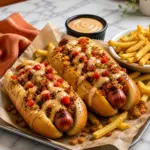 Loaded hot dogs with creamy sauce, crispy toppings, diced peppers, pickles, and golden fries on a marble kitchen countertop