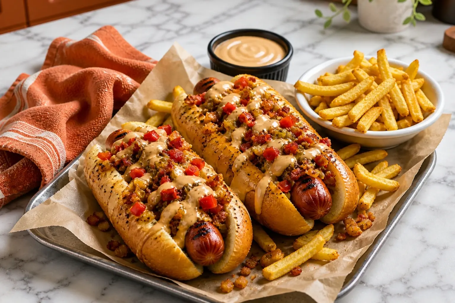 Loaded hot dogs with creamy sauce, crispy toppings, diced peppers, pickles, and golden fries on a marble kitchen countertop