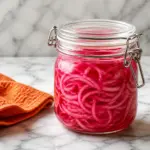 Jar of bright pink pickled red onions on a white marble countertop with an orange kitchen towel beside it.