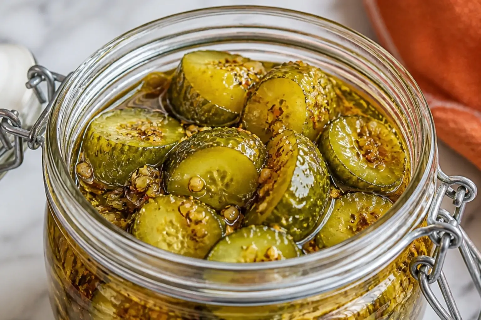 Garlic Dill Pickles in a glass jar with sliced cucumbers, garlic, dill spices, and golden brine on a white marble countertop with an orange kitchen towel.