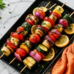Grilled Veggie Skewers on Black Platter with Lemon and Herbs