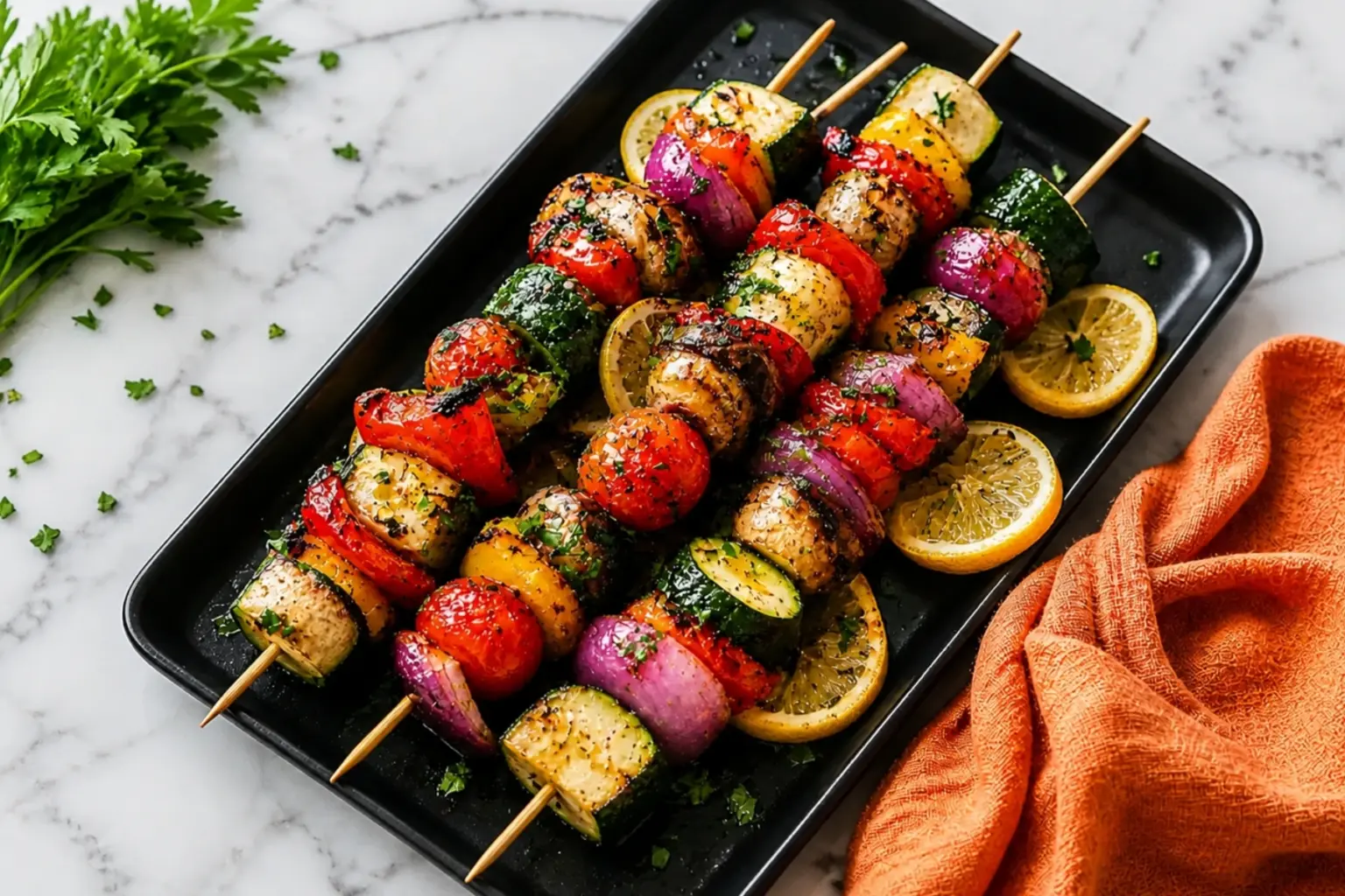 Grilled Veggie Skewers on Black Platter with Lemon and Herbs