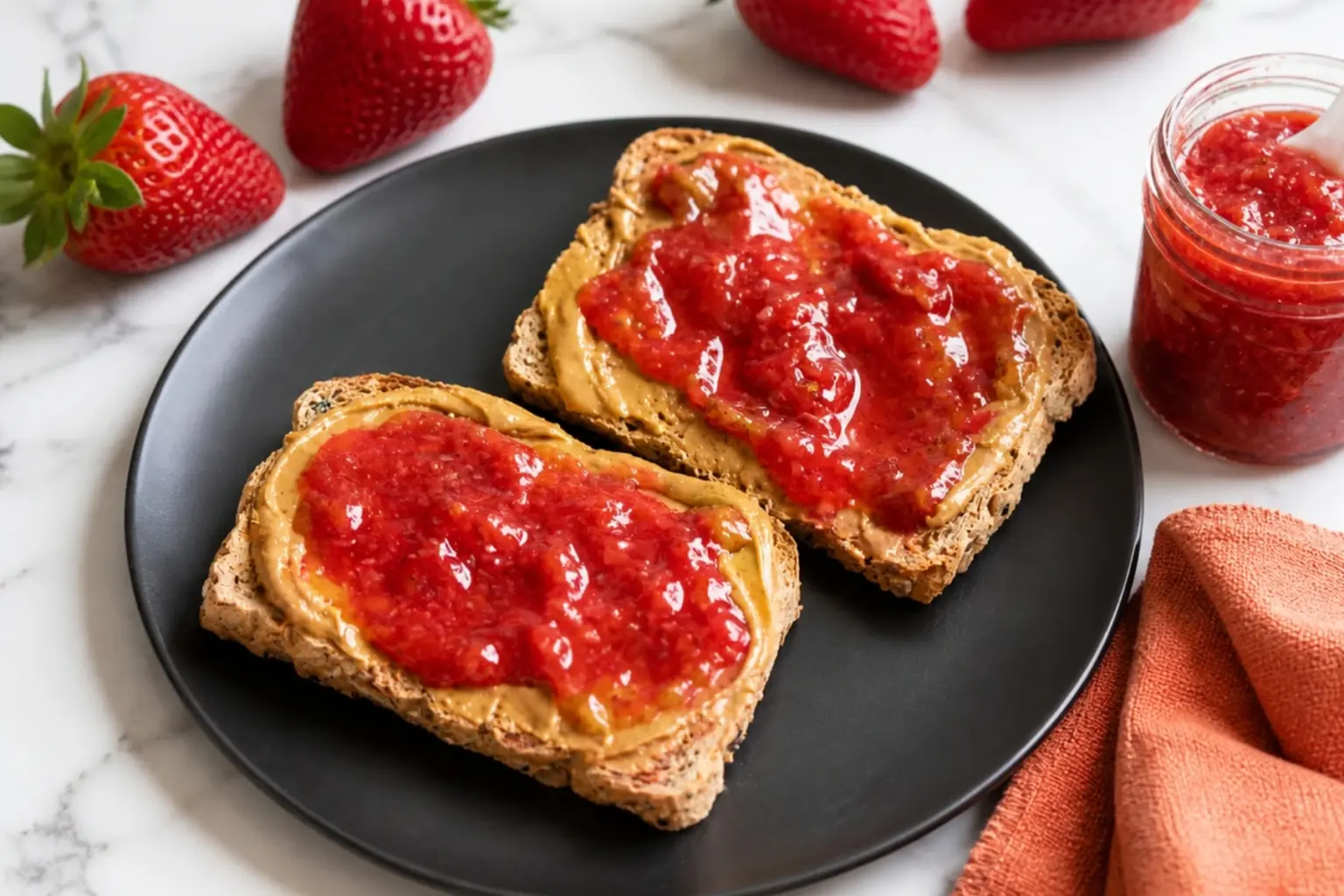 Low Sugar Strawberry Lemon Jam spread over peanut butter toast on a black plate with fresh strawberries and a jam jar on marble countertop.