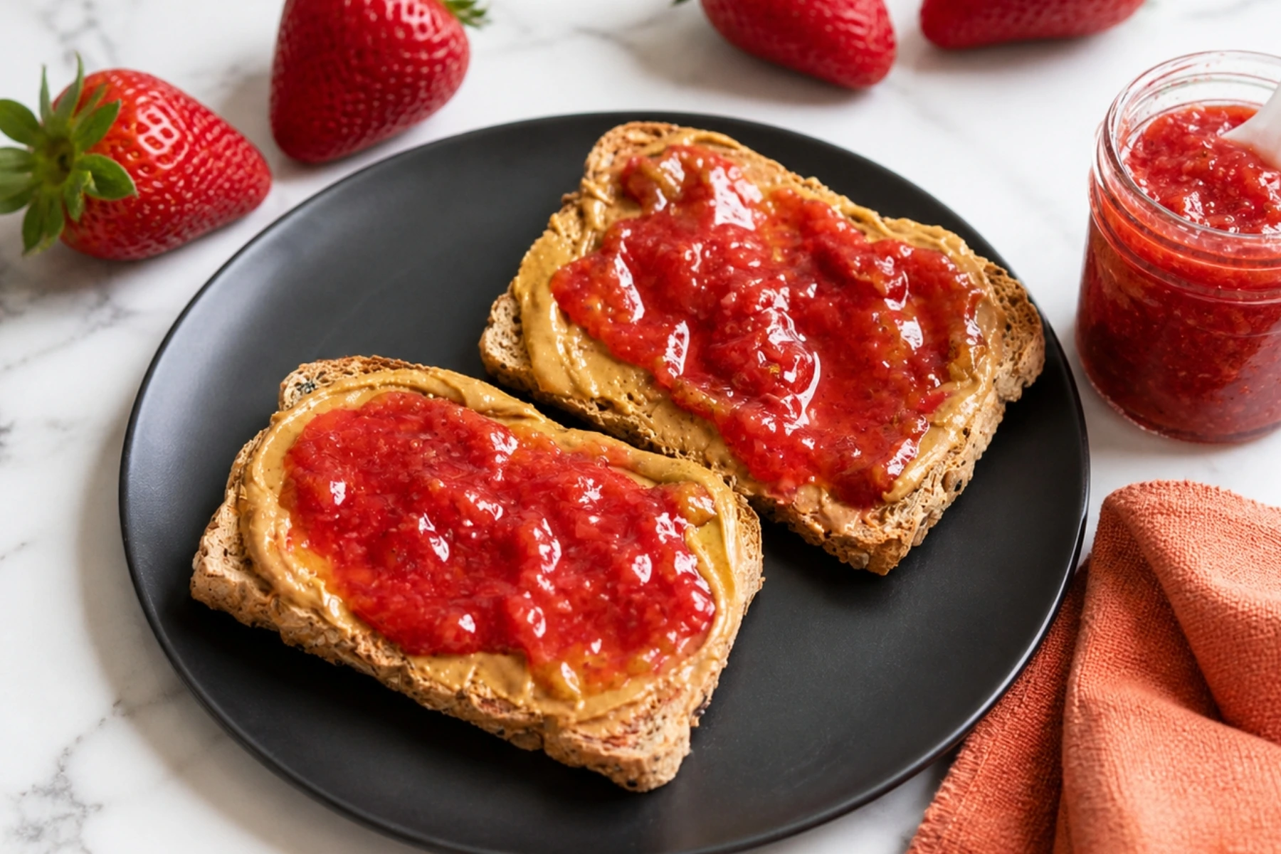 Low Sugar Strawberry Lemon Jam spread over peanut butter toast on a black plate with fresh strawberries and a jam jar on marble countertop.