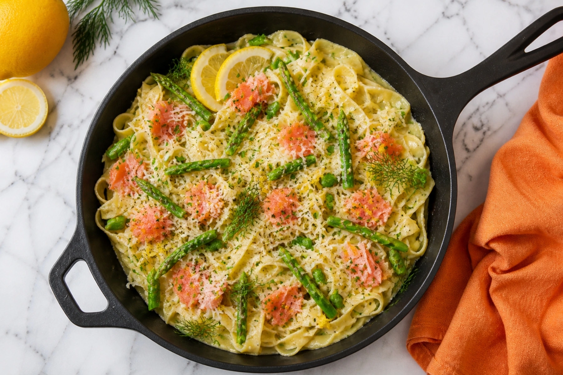 Smoked Salmon Pasta with creamy fettuccine, asparagus, lemon slices, fresh dill, and parmesan in a black skillet on a white marble countertop.