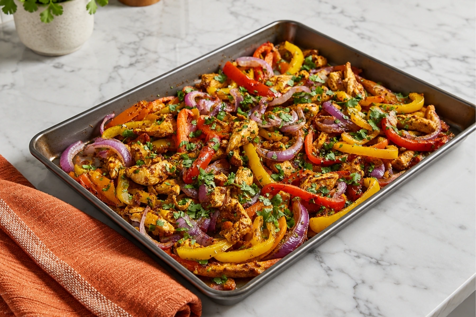 Sheet Pan Chicken Fajitas with sliced chicken, bell peppers, red onions, and fresh cilantro roasted in a sheet pan on a white marble countertop.
