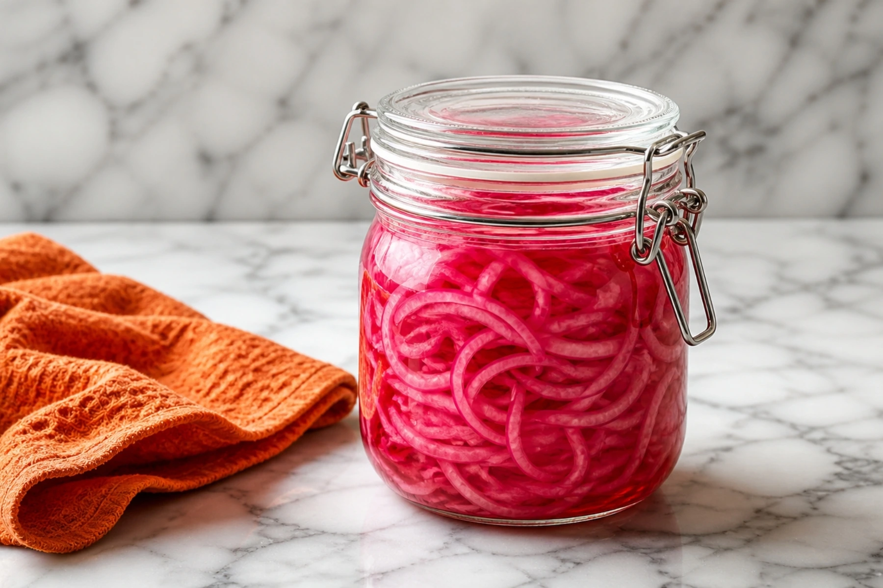 Jar of bright pink pickled red onions on a white marble countertop with an orange kitchen towel beside it.