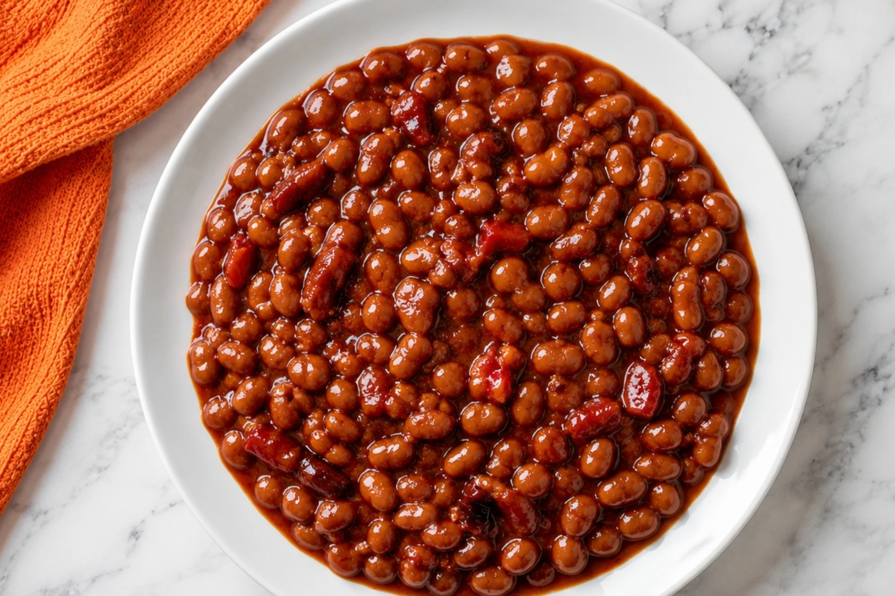 Overhead shot of glossy baked beans in a white bowl on a marble countertop with an orange kitchen towel nearby.