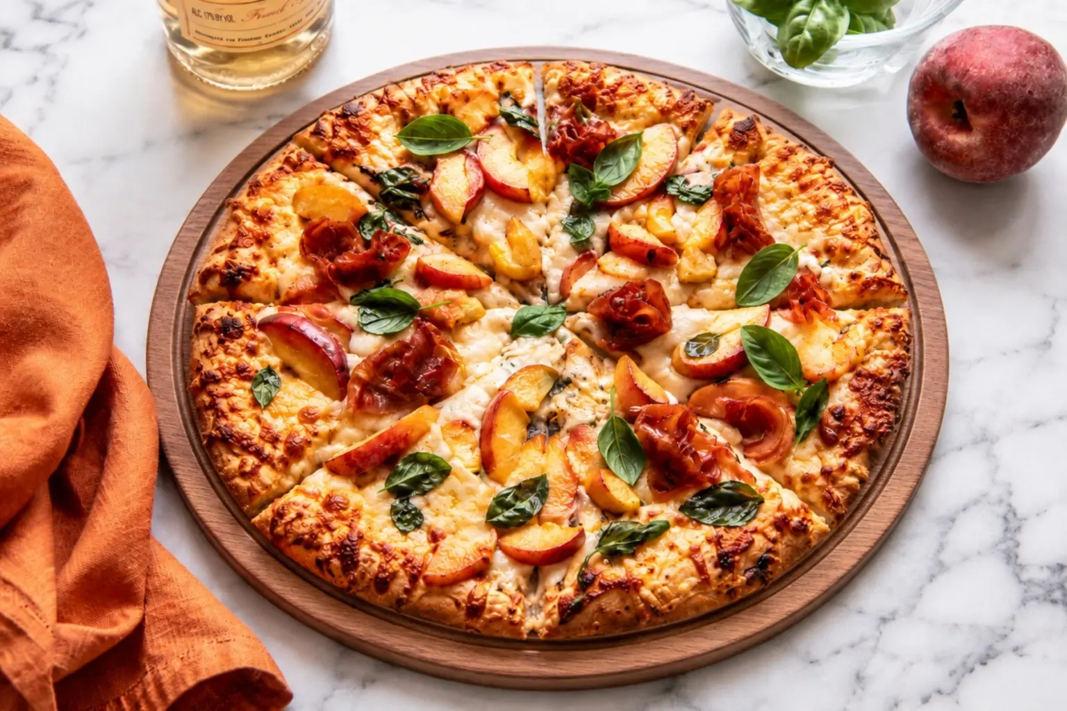 Prosciutto peach pizza with melted cheese, fresh basil, juicy peach slices, and crispy prosciutto on a wooden board over a white marble countertop.