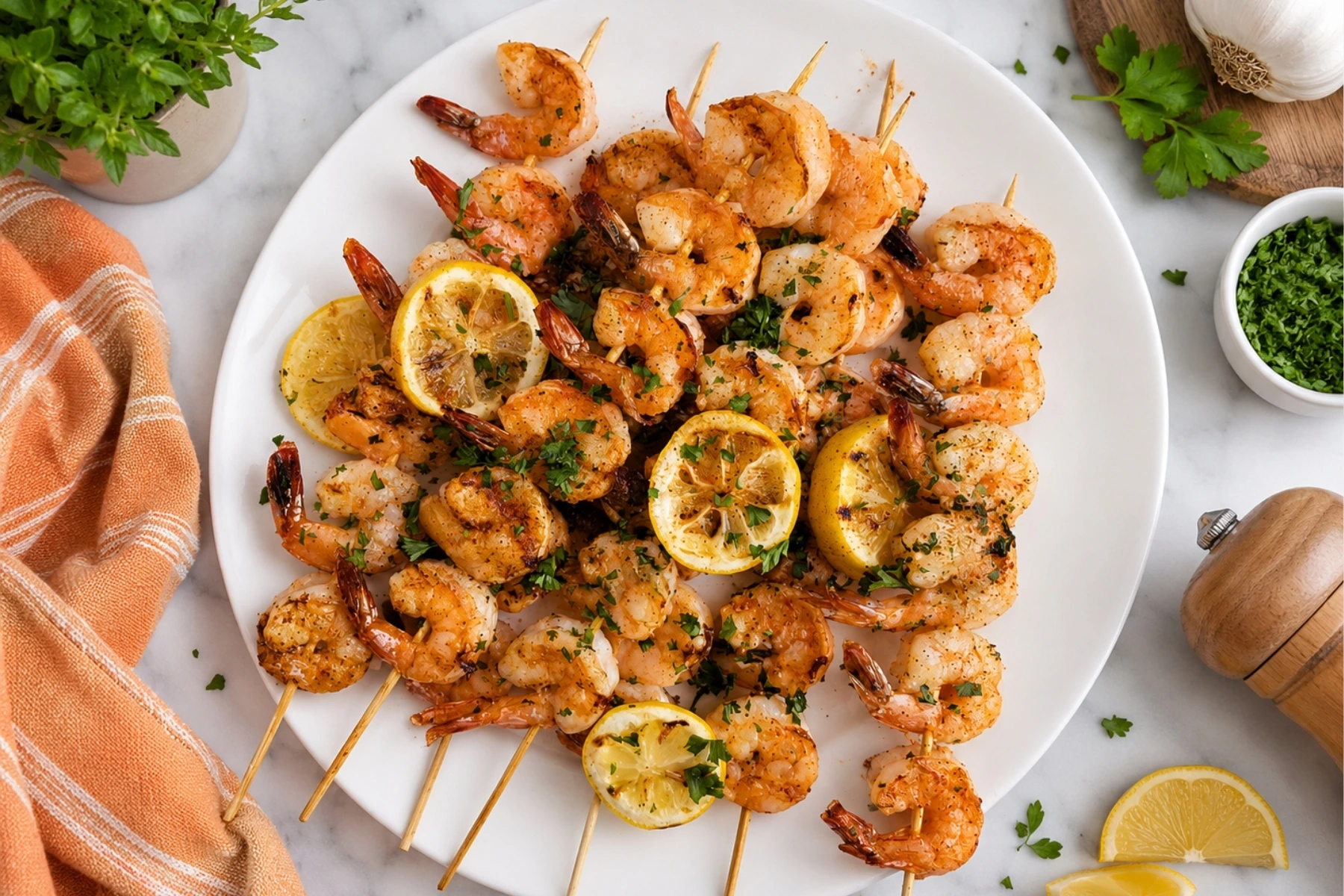 Garlic butter shrimp skewers served on a white plate with grilled lemon slices, fresh parsley, and an orange kitchen towel on a marble countertop.